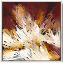 An abstract framed painting featuring expressive brushstrokes in deep burgundy, cream, ochre, and brown, displayed against a clean white background.