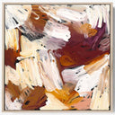 An abstract framed painting featuring expressive brushstrokes in cream, white, terracotta, brown, burgundy, and muted gold, displayed against a clean white background.