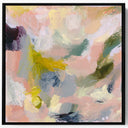A framed abstract canvas print featuring soft pastel brushstrokes in pink, peach, cream, yellow, gray, and green, presented in a black frame against a clean white background.