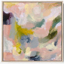 A square framed abstract painting with soft pastel brushstrokes in pink, peach, cream, yellow, gray, and green, shown against a light gray background.