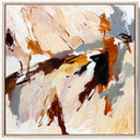 An abstract framed painting featuring expressive brushstrokes in beige, brown, white, gray, and black, presented in a light wood frame against a clean white background.